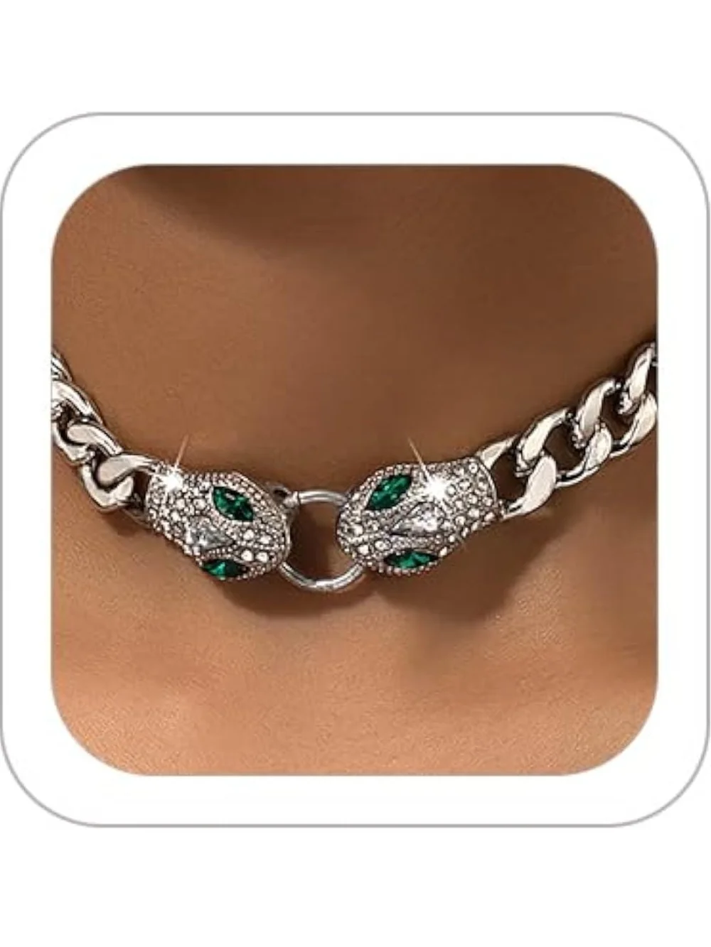 Silver Snake Head Chain Choker with Emerald Accents